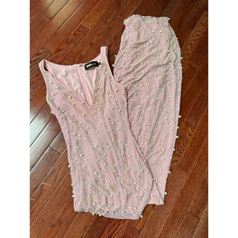 Nova Luxe Diana Pink V Neck Beaded Luxury Sexy Embellished Gown Dress Sheer - Picture 8 of 12